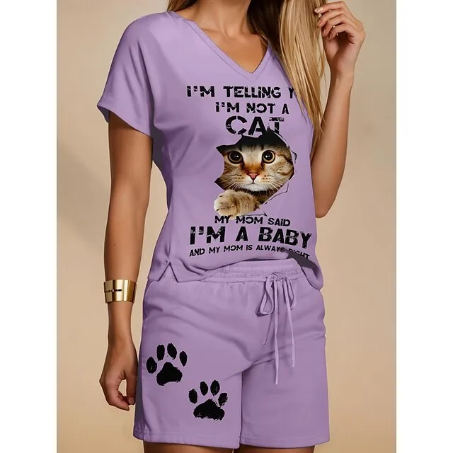 Women's T shirt Tee Shorts Sets Cat Letter Casual Daily Blue Purple Khaki Drawstring Print Short Sleeve Fashion V Neck Regular Fit Summer