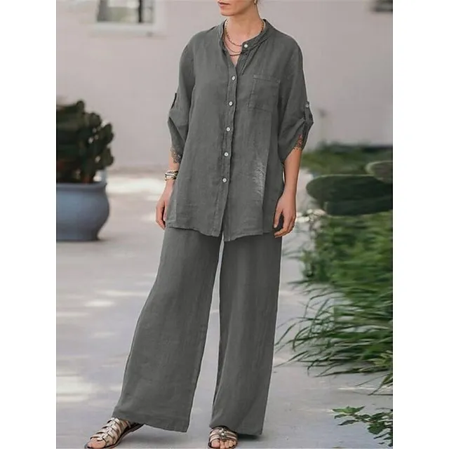 Women's Shirt Pants Sets Plain Daily Wear Casual Daily Navy Blue Orange Brown Long Sleeve Basic Shirt Collar Regular Fit Spring & Summer