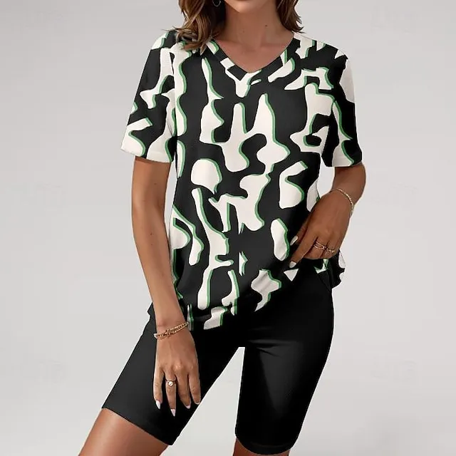 Women's T shirt Tee Shorts Sets Graphic Casual Daily Black Print Short Sleeve Fashion V Neck Regular Fit Summer
