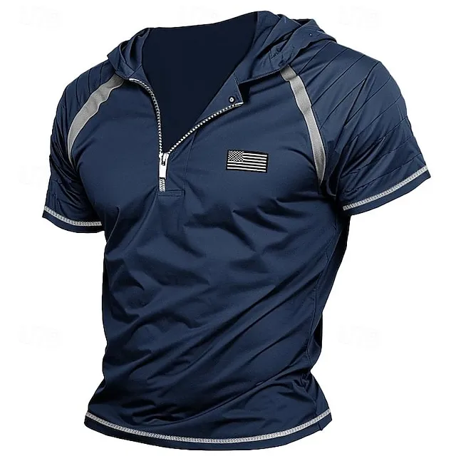 Men's T shirt Tee Quarter Zip Tee Tee Top Slim Pleated National Flag Hooded Street Vacation Short Sleeves Patchwork Clothing Apparel Fashion Designer Basic
