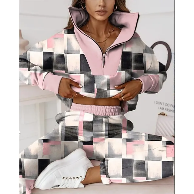 Women's Sweatshirt Tracksuit Pants Sets Plaid Outdoor Casual Black Pink Print Zipper Long Sleeve Sports Daily Stand Collar Regular Fit Fall & Winter