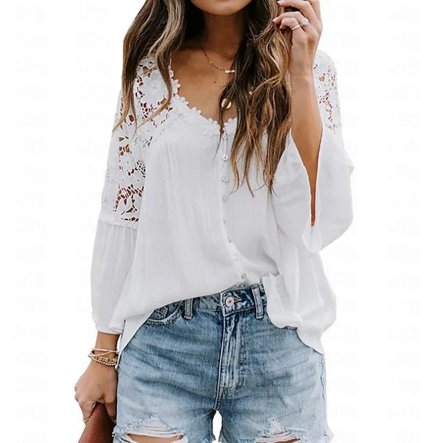 Shirt Blouse Women's Black White Pink Solid Color Lace Button Street Daily Fashion V Neck S