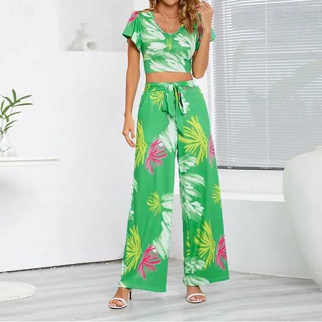 Women's Crop Top Pants Sets Leaves Casual Daily Red Blue Green Print Short Sleeve Active Fashion V Neck Regular Fit Spring & Fall