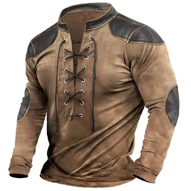 Men's T shirt Tee Tee Top Long Sleeve Shirt Color Block Stand Collar Street Vacation Long Sleeve Patchwork Drawstring Clothing Apparel Vintage Designer Basic