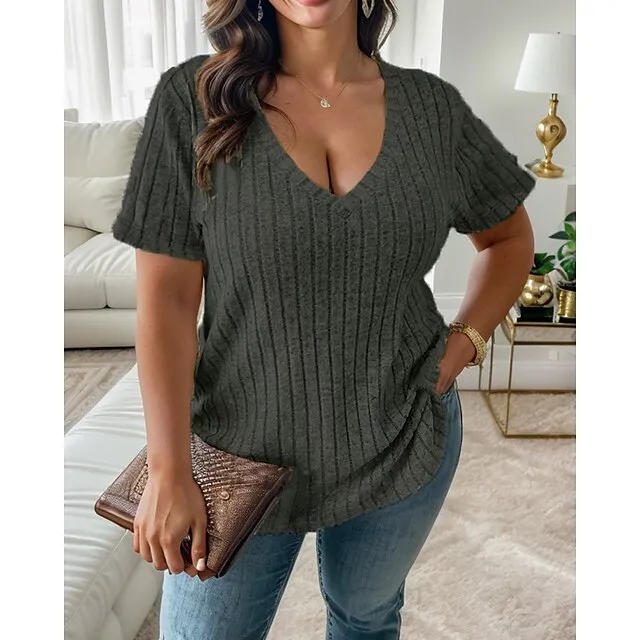 T shirt Tee Women's Black Green Khaki Plain Daily Weekend Fashion V Neck Regular Fit S