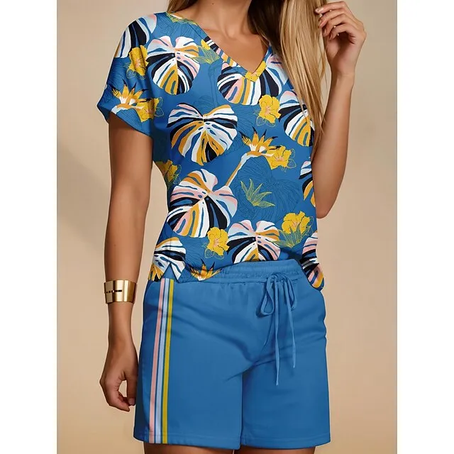 Women's T shirt Tee Shorts Sets Floral Casual Daily Blue Green Light Blue Drawstring Print Short Sleeve Fashion V Neck Regular Fit Summer