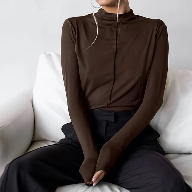 Shirt Blouse Women's Black Brown Khaki Plain Casual Fashion High Neck Regular Fit S