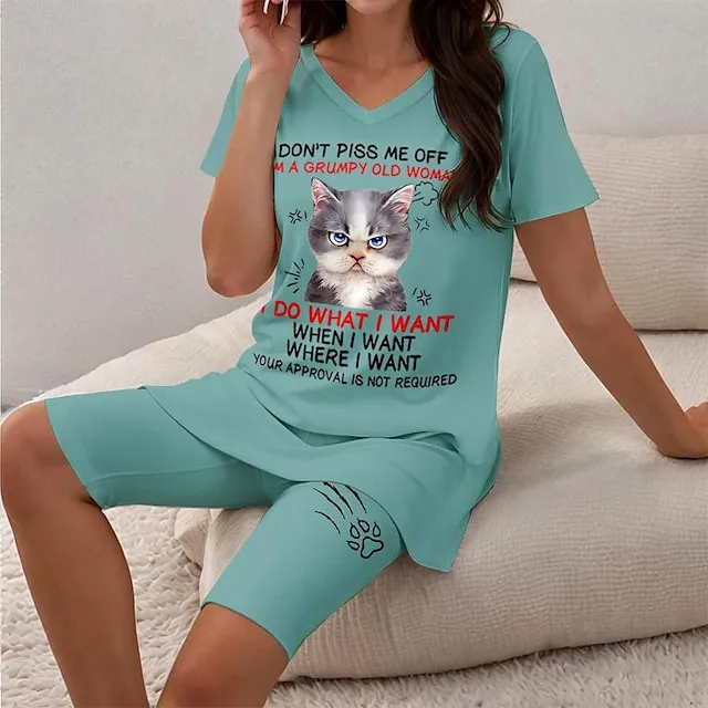 Women's T shirt Tee Shorts Sets Cat Letter Casual Daily Green Print Short Sleeve Fashion V Neck Regular Fit Summer