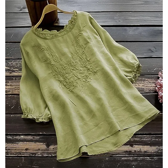 Linen Shirt Shirt Blouse Women's White Yellow Red Solid Color Embroidered Street Daily Fashion Round Neck Cotton Linen Regular Fit S