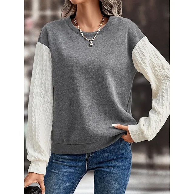 T shirt Tee Women's Gray Color Block Patchwork Street Daily Fashion Round Neck Textured Regular Fit S