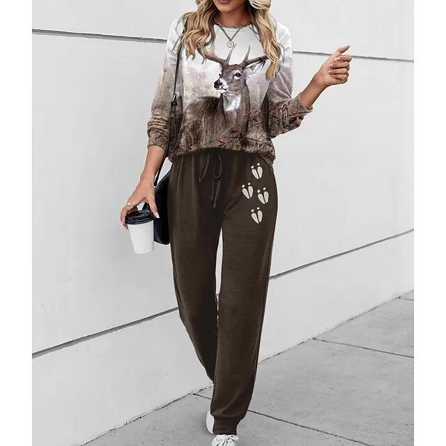 Women's Sweatshirt Tracksuit Pants Sets Animal Outdoor Casual Blue Brown Green Print Drawstring Long Sleeve Sports Daily Round Neck Regular Fit Spring & Fall