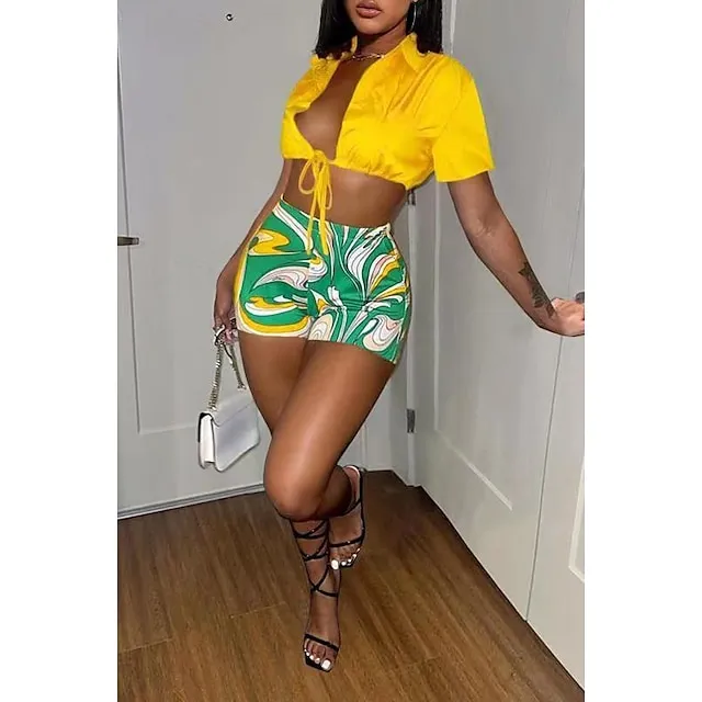 Women's Crop Shorts Sets Graphic Casual Daily Beach Yellow Orange Print Short Sleeve Sexy Shirt Collar Regular Fit Summer