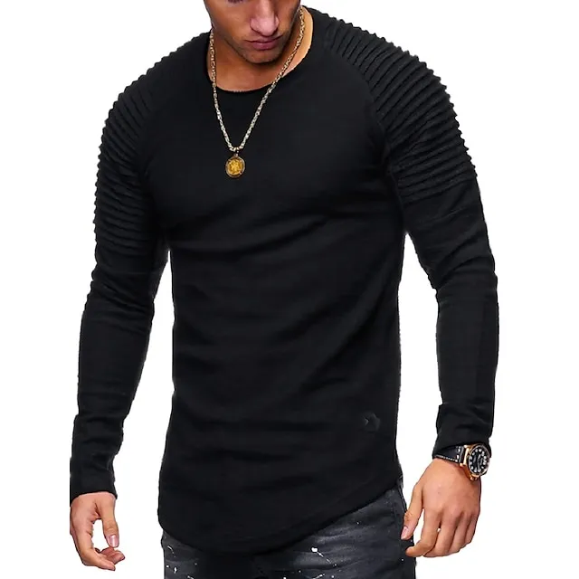 Men's T shirt Tee Long Sleeve Shirt Graphic Plain Slim Pleated Round Neck Plus Size Normal Going out Long Sleeve Pleated Sleeve Clothing Apparel Muscle Esencial