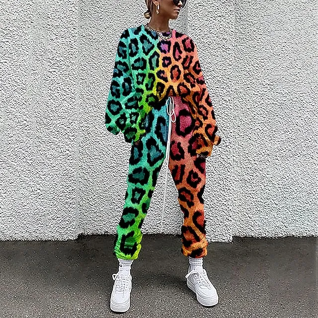 Women's T shirt Tee Tracksuit Pants Sets Leopard Vacation Casual Daily White Yellow Light Green Print Drawstring Long Sleeve Streetwear Basic Crew Neck Loose Fit Fall & Winter