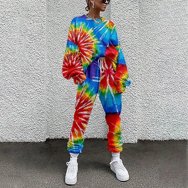 Women's T shirt Tee Tracksuit Pants Sets Tie Dye Red Blue Green Drawstring Print Long Sleeve Vacation Casual Daily Streetwear Basic Crew Neck Loose Fit Fall & Winter
