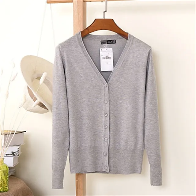Women's Cardigan Sweater V Neck Knit Cotton Button Knitted Thin Summer Spring Outdoor Work Daily Stylish Casual Soft Long Sleeve Pure Color Yellow Wine Camel M L XL