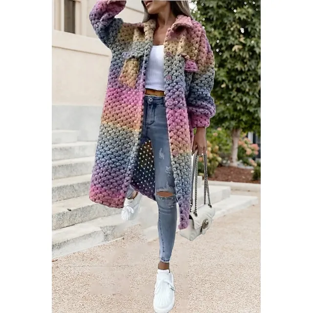 Women's Chunky Knit Gradient Color Long Cardigan Crochet Knit Pocket Shirt Collar Sweater Outerwear Long Sleeve Braided Twist Single-breasted Loose Coat Fall Winter Purple 2XL