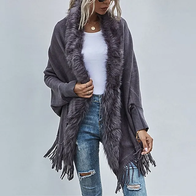 Women's Poncho Sweater Open Front Ribbed Knit Acrylic Tassel Knitted Fall Winter Tunic Outdoor Daily Going out Stylish Casual Soft Long Sleeve Pure Color Black Pink Wine S M L