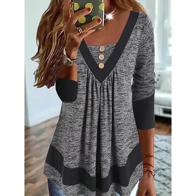 Women's Plus Size T shirt Tee Color Block Casual Weekend Blue Orange Green Button Flowing tunic Long Sleeve Basic V Neck Regular Fit Fall & Winter