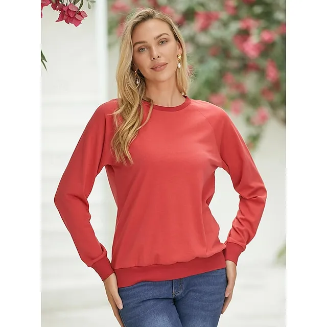 T shirt Tee Women's Red Blue Solid / Plain Color Patchwork Street Daily Daily Classic Round Neck Regular Fit S