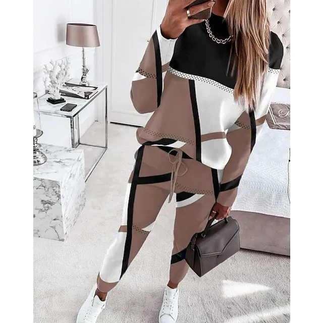 Women's Sweatshirt Tracksuit Pants Sets Geometric Color Block Sports Outdoor Casual Camel Purple Green Print Drawstring Long Sleeve Active Streetwear Crew Neck Regular Fit Fall & Winter