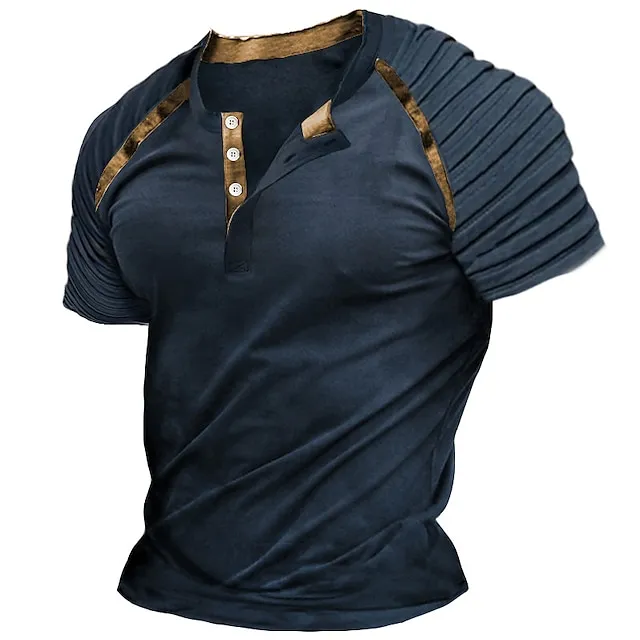 Men's Henley Shirt Raglan T Shirt Plain Slim Pleated Henley Outdoor Daily Short Sleeve Patchwork Pleats Clothing Apparel Fashion Designer Casual