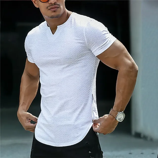 Men's T shirt Tee Waffle Shirt Tee Top Plain V Neck Street Vacation Short Sleeves Clothing Apparel Fashion Designer Basic