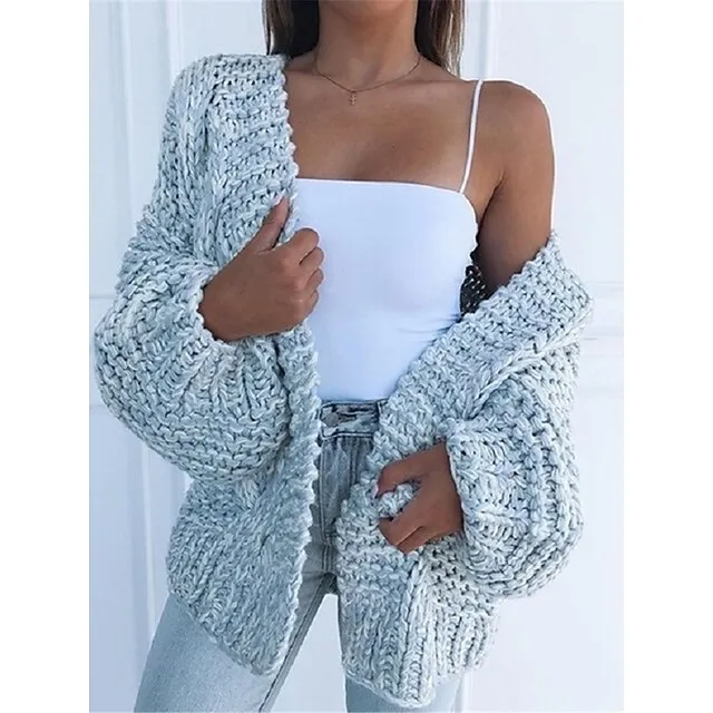 Women's Cardigan Sweater Open Front Cable Knit Acrylic Oversized Summer Spring Daily Going out Weekend Stylish Casual Soft Long Sleeve Solid Color Black White Pink S M L