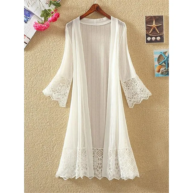 Women's Cardigan Outdoor Lace Plain Breathable Fashion Regular Fit Outerwear 3/4 Length Sleeve Summer Black S