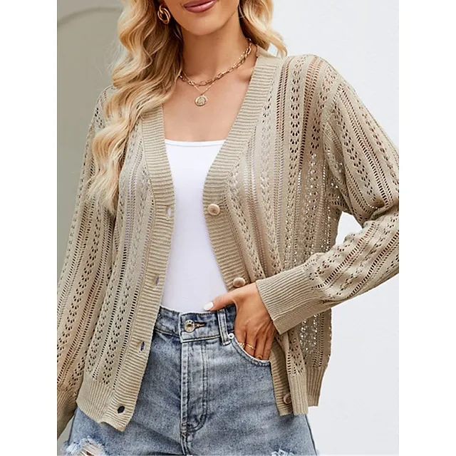Women's Cardigan Sweater V Neck Crochet Knit Polyester Button Hole Summer Spring Daily Going out Weekend Stylish Casual Soft Long Sleeve Solid Color Purple Green Khaki S M L