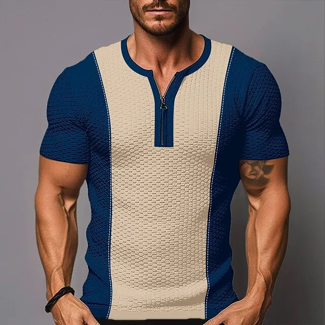 Men's T shirt Tee Waffle Shirt Tee Top Color Block V Neck Street Vacation Short Sleeves Zip Front Clothing Apparel Fashion Designer Basic