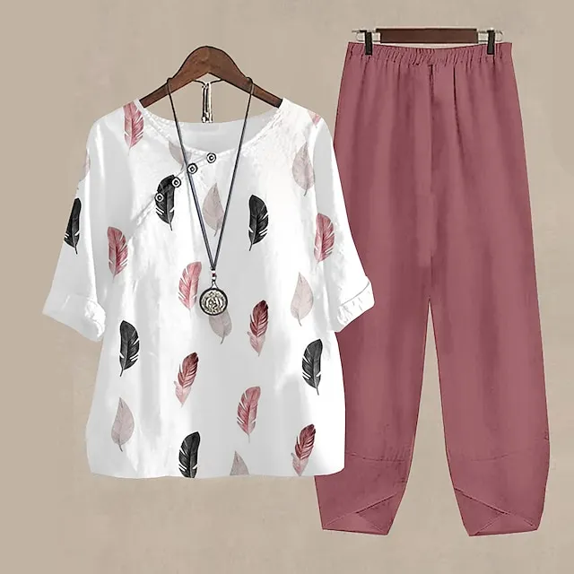 Women's Shirt Pants Sets Graphic Holiday Weekend Red Blue Brown Print Daily Basic Round Neck Regular Fit Fall & Winter