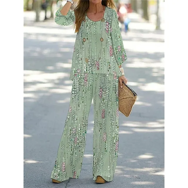 Women's Shirt Pants Sets Graphic Casual Daily Yellow Pink Blue Print Long Sleeve Streetwear Daily Crew Neck Regular Fit Fall & Winter