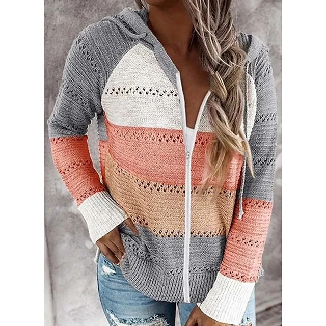 Women's Cardigan Sweater Hooded Ribbed Knit Acrylic Patchwork Zipper Hooded Spring Fall Outdoor Daily Going out Stylish Casual Soft Long Sleeve Color Block Black Pink Gray S M L