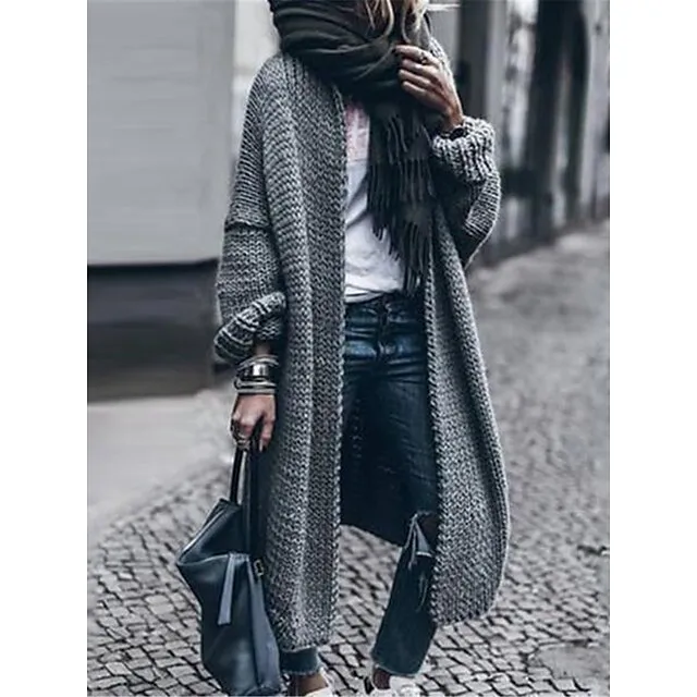 Women's Cardigan Sweater Open Front Ribbed Knit Polyester Oversized Spring Fall Long Daily Going out Weekend Stylish Casual Soft Long Sleeve Solid Color Maillard Black Wine Army Green S M L