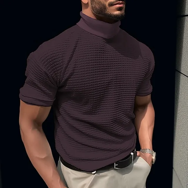 Men's T shirt Tee Waffle Shirt Tee Top Plain Turtleneck Street Vacation Short Sleeves Clothing Apparel Fashion Designer Basic