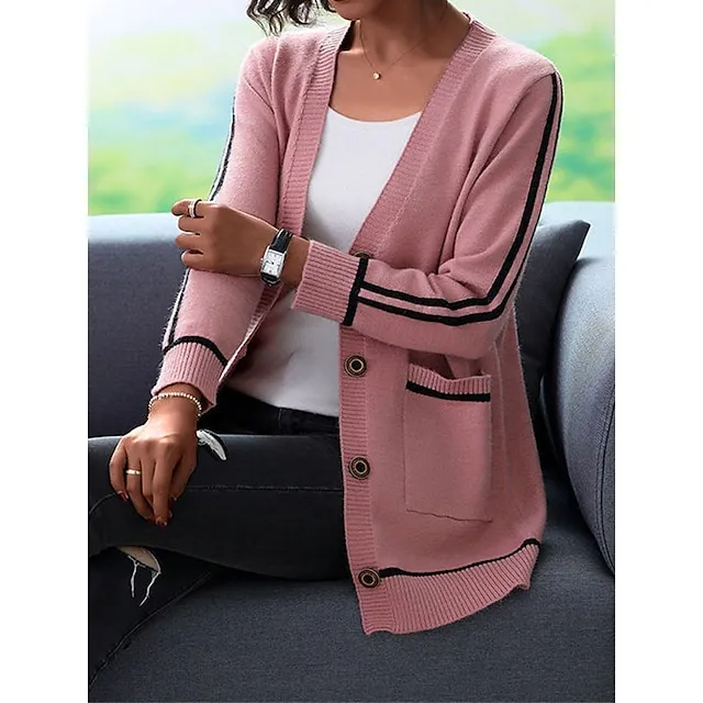 Women's Cardigan Sweater V Neck Ribbed Knit Spandex Yarns Patchwork Button Pocket Spring Fall Outdoor Daily Going out Stylish Casual Soft Long Sleeve Color Block Black Yellow Pink S M L