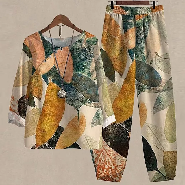 Women's Shirt Pants Sets Plant Holiday Weekend Black Yellow Blue Print Daily Basic Round Neck Regular Fit Fall & Winter
