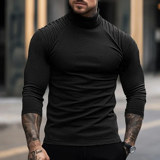 Men's T shirt Tee Tee Top Plain Slim Pleated Turtleneck Street Vacation Long Sleeve Clothing Apparel Fashion Designer Basic