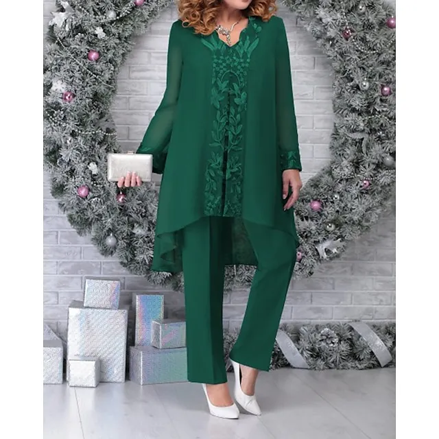 Women's Shirt Pants Sets Plain Casual Daily Navy Blue Blue Green Lace Long Sleeve Streetwear Daily Neon & Bright Round Neck Regular Fit Fall & Winter