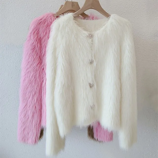 Women's Cardigan Sweater Crew Neck Ribbed Knit Polyester Imitation Mink Faux Fur Trim Fall Winter Daily Going out Weekend Stylish Casual Soft Long Sleeve Solid Color Black White Pink One-Size