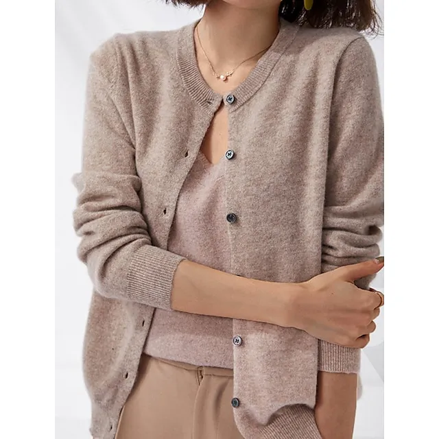 Women's Cardigan Sweater Crew Neck Ribbed Knit Rayon Button Fall Winter Outdoor Home Daily Stylish Casual Soft Long Sleeve Solid Color Maillard Cherry Red Haze blue Romantic purple M L XL