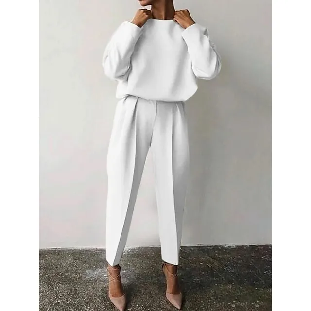 Women's Shirt Pants Sets Solid Color Casual Daily Black White Khaki Long Sleeve Fashion Round Neck Regular Fit Spring & Fall