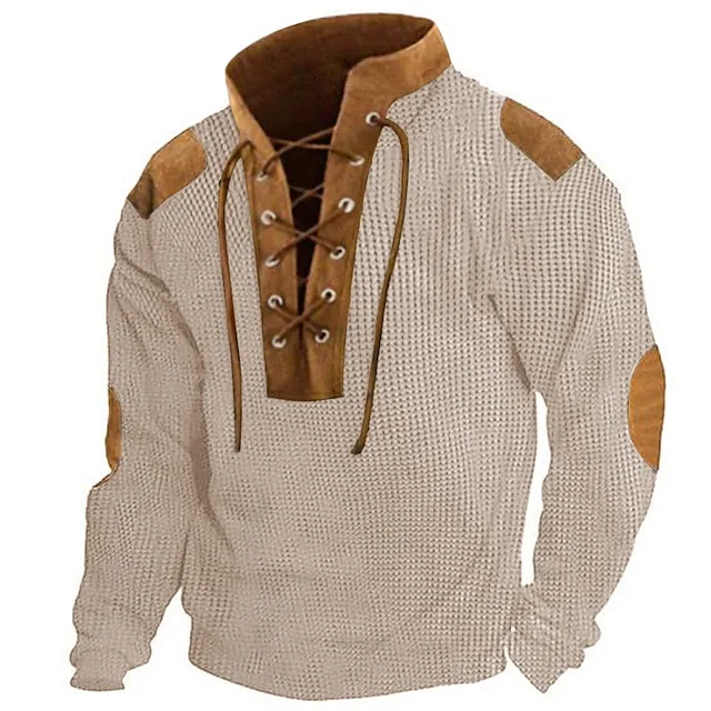 Men's T shirt Tee Henley Shirt Waffle Knit Tee Tee Top Long Sleeve Shirt Color Block Stand Collar Street Vacation Long Sleeve Patchwork Clothing Apparel Fashion Designer Basic