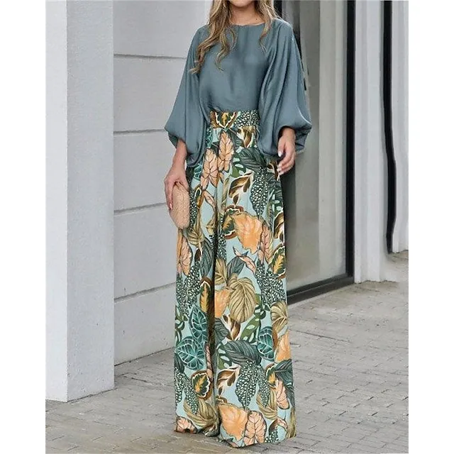 Women's Shirt Pants Sets Floral Casual Daily Puff Sleeve Blue Orange Green Print Long Sleeve Fashion Round Neck Regular Fit Spring & Fall