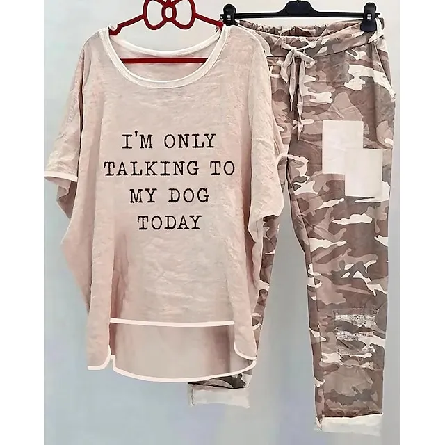 Women's T shirt Tee Pants Sets Letter Casual Daily Khaki Print Drawstring Short Sleeve Fashion Round Neck Regular Fit Spring & Summer