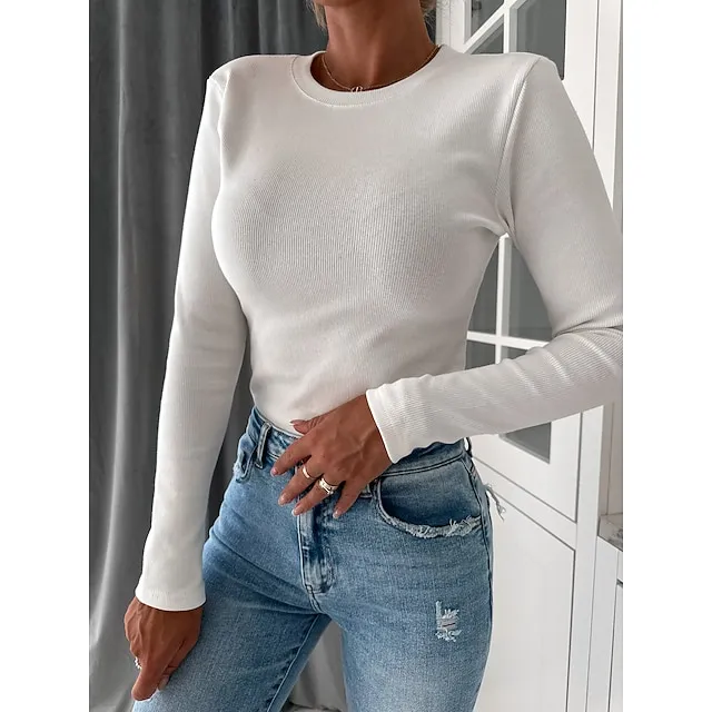 T shirt Tee Women's White Solid / Plain Color Knitted Daily Fashion Round Neck Regular Fit S