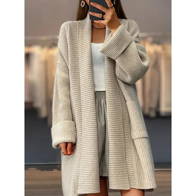 Women's Cardigan Sweater Jacket Open Front Ribbed Knit Polyester Pocket Knitted Fall Winter Long Outdoor Daily Going out Stylish Casual Soft Long Sleeve Solid Color Khaki Beige Coffee S M L