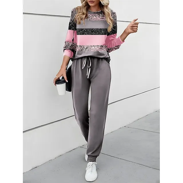 Women's Sweatshirt Tracksuit Pants Sets Color Block Outdoor Casual Yellow Pink Blue Print Drawstring Long Sleeve Active Daily Round Neck Regular Fit Spring & Fall