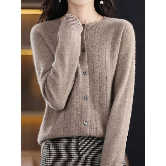 Women's Cardigan Sweater Jacket Crew Neck Cable Knit Polyester Button Knitted Fall Winter Regular Outdoor Daily Going out Streetwear Stylish Casual Long Sleeve Pure Color White Brown Apricot S M L